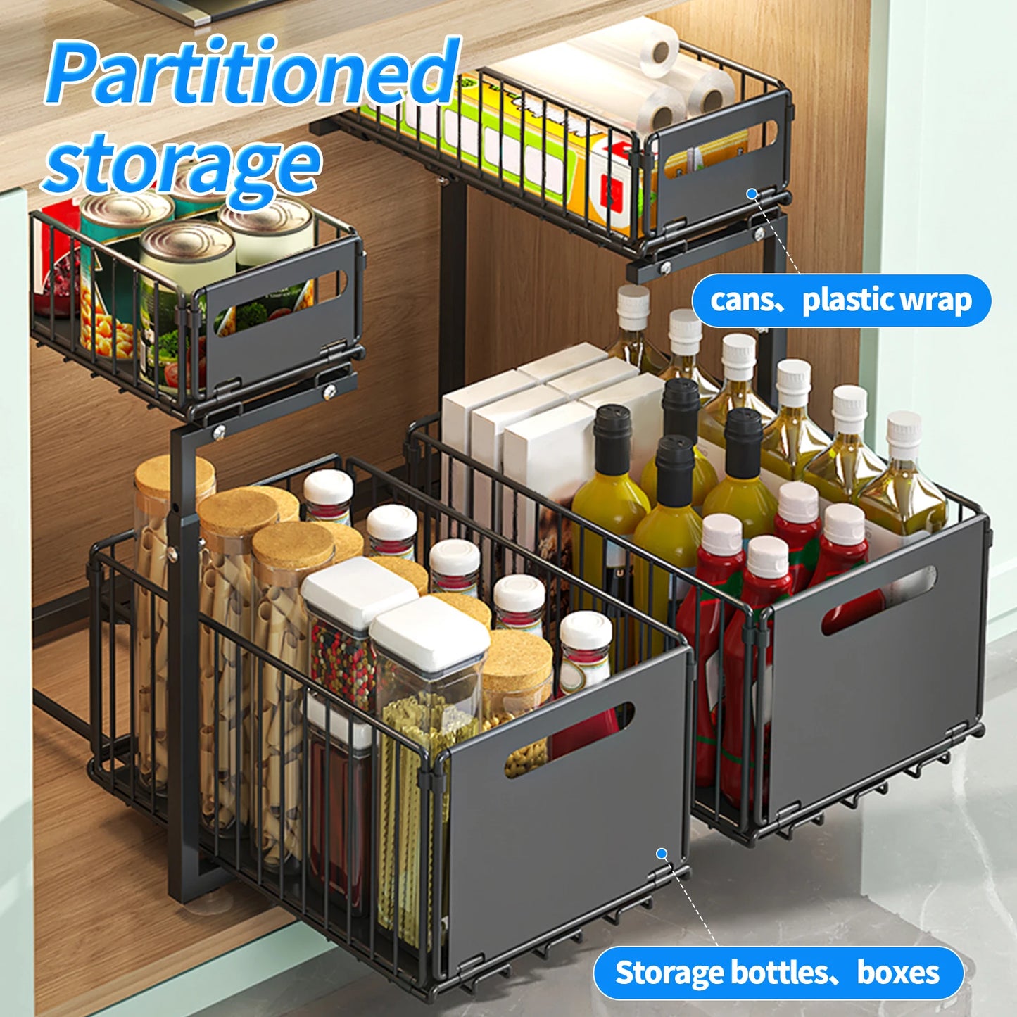 Kitchen Organizer and Storage with Upgraded Guide Rail Design for Smooth Cabinet Pull-Out