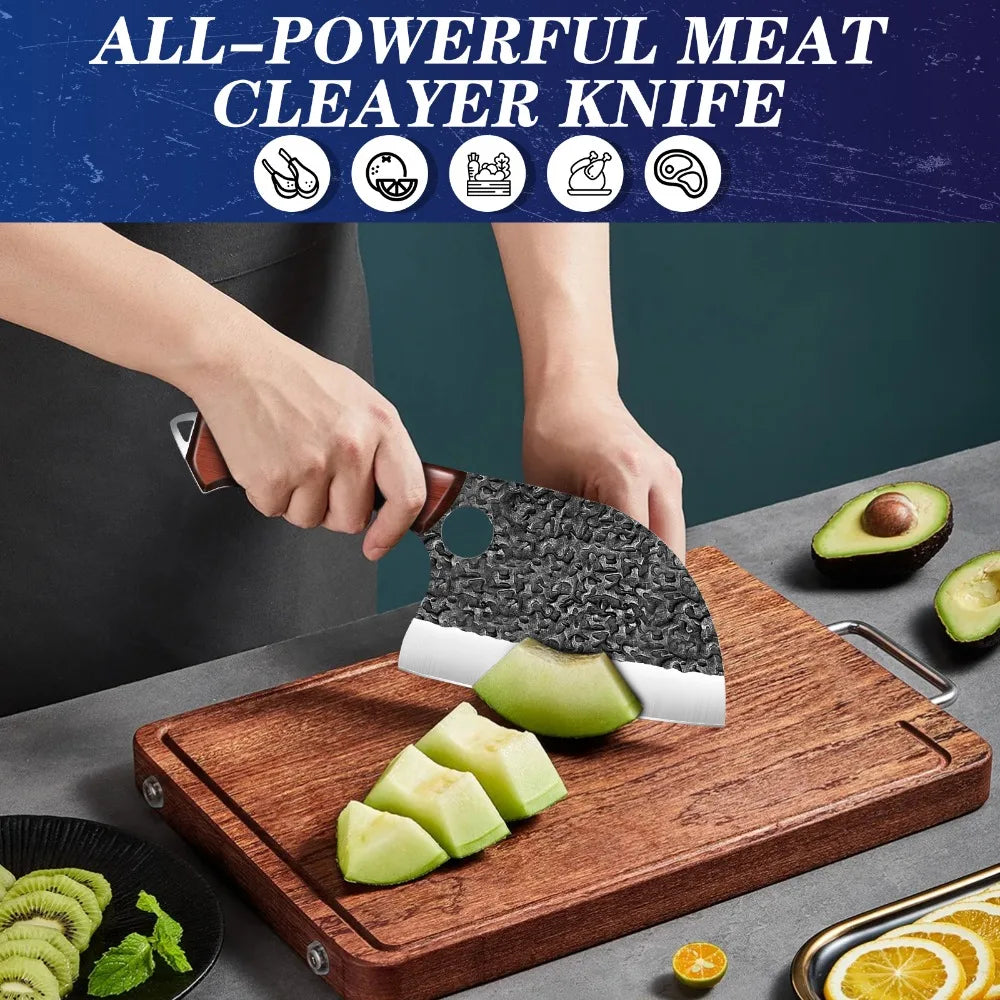 Stainless Steel Kitchen Knife Hand Forged Hammered Chef Knife Meat Cleaver Fish Bone Splitting Slicing Knife with Leather Case