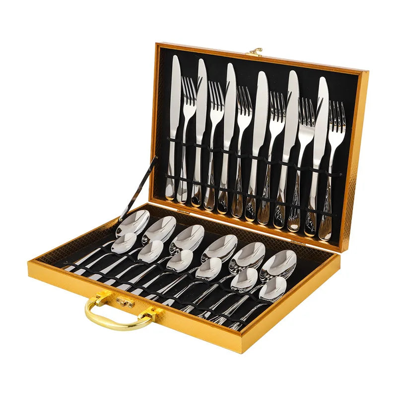 Stainless Steel Tableware Set of 24 Pieces with Wooden Box Western Tableware Knife Fork Spoon