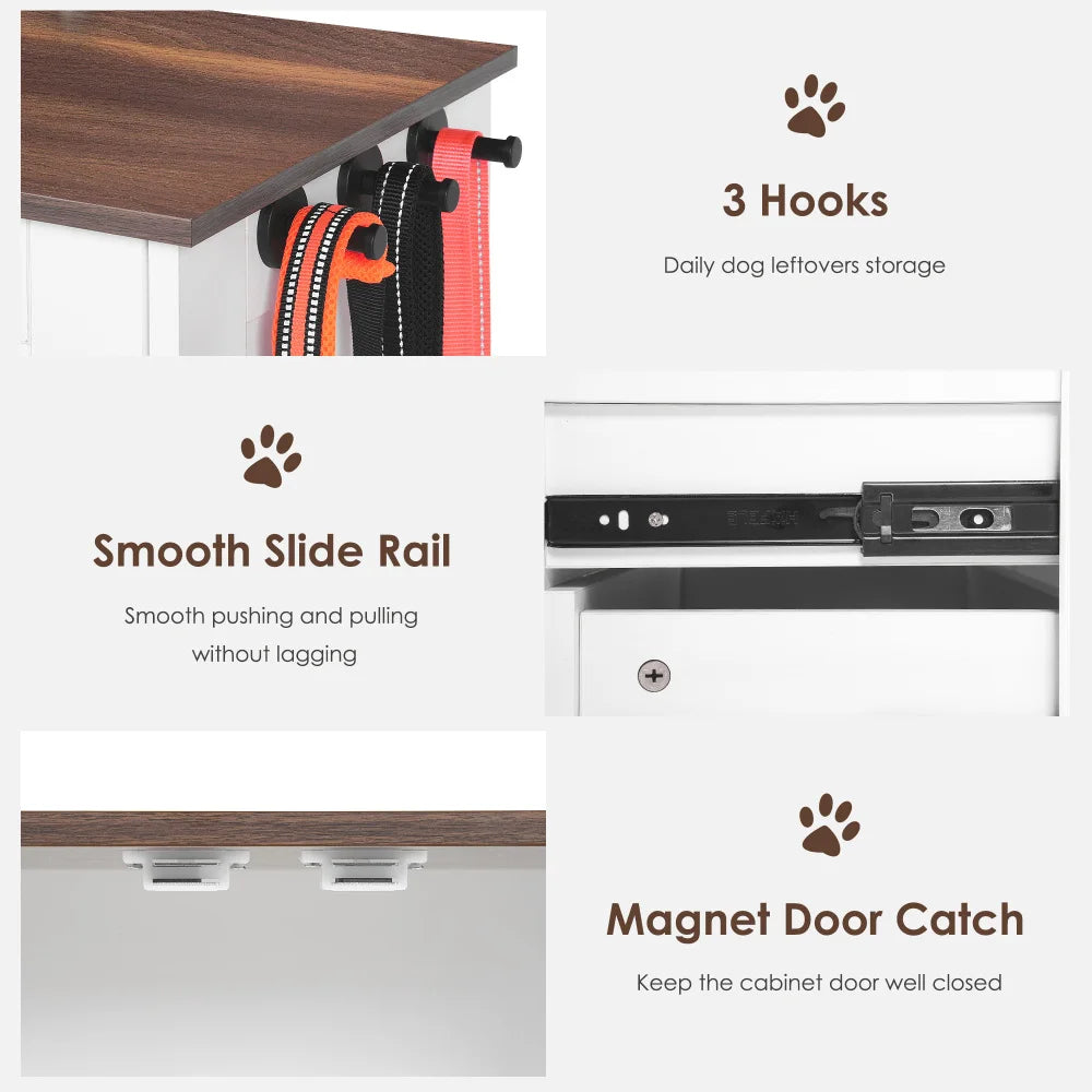 Dog Feeding Station with Double Door Locker and Two Adjustable Bowls Plus Three Hooks in White