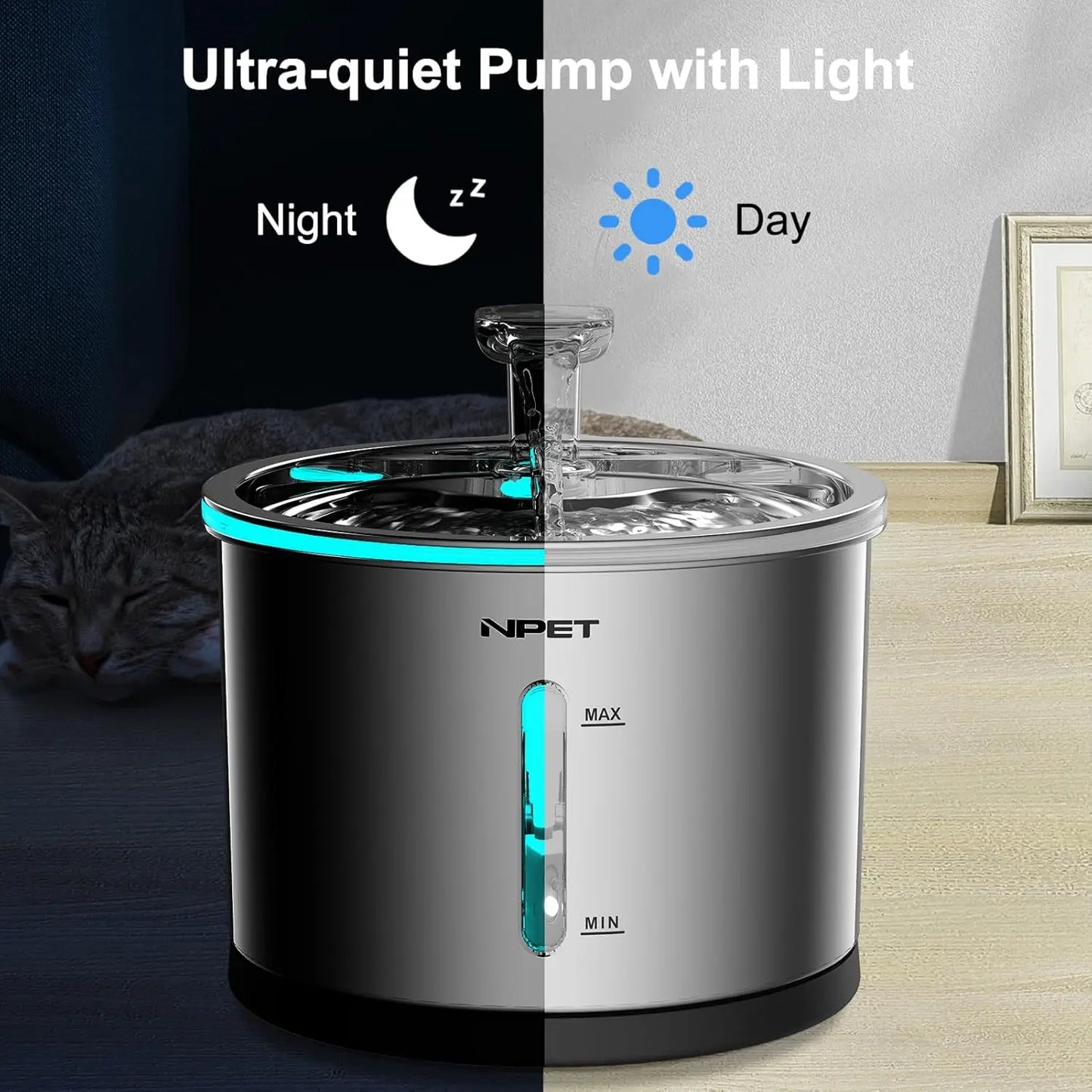 NPET Cat Water Fountain Stainless Steel 50oz 1.5L Dishwasher Safe Pet Water Fountain with Visible Window Light for Cats