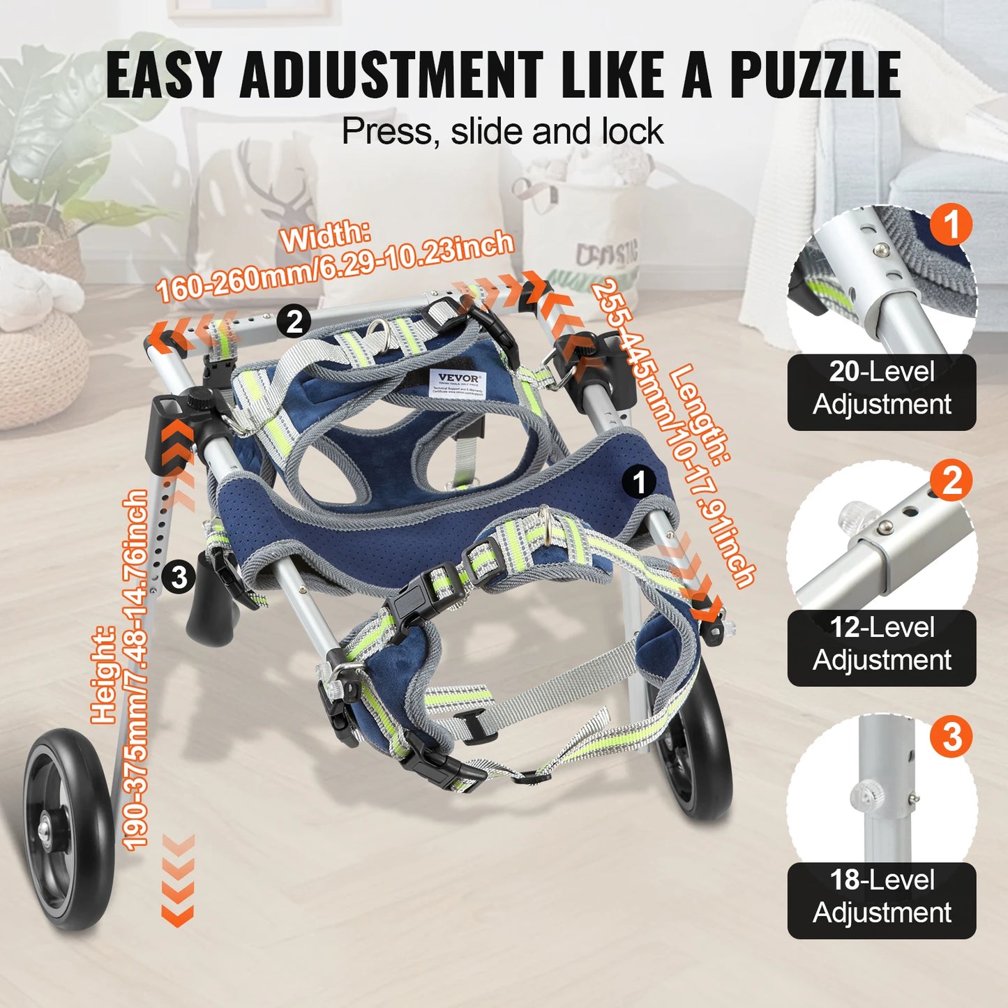 VEVOR 2 Wheels Dog Wheelchair for Back Legs Pet Wheelchair Dog Cart for Injured Disabled Paralysis Hind Limb Weak Pet