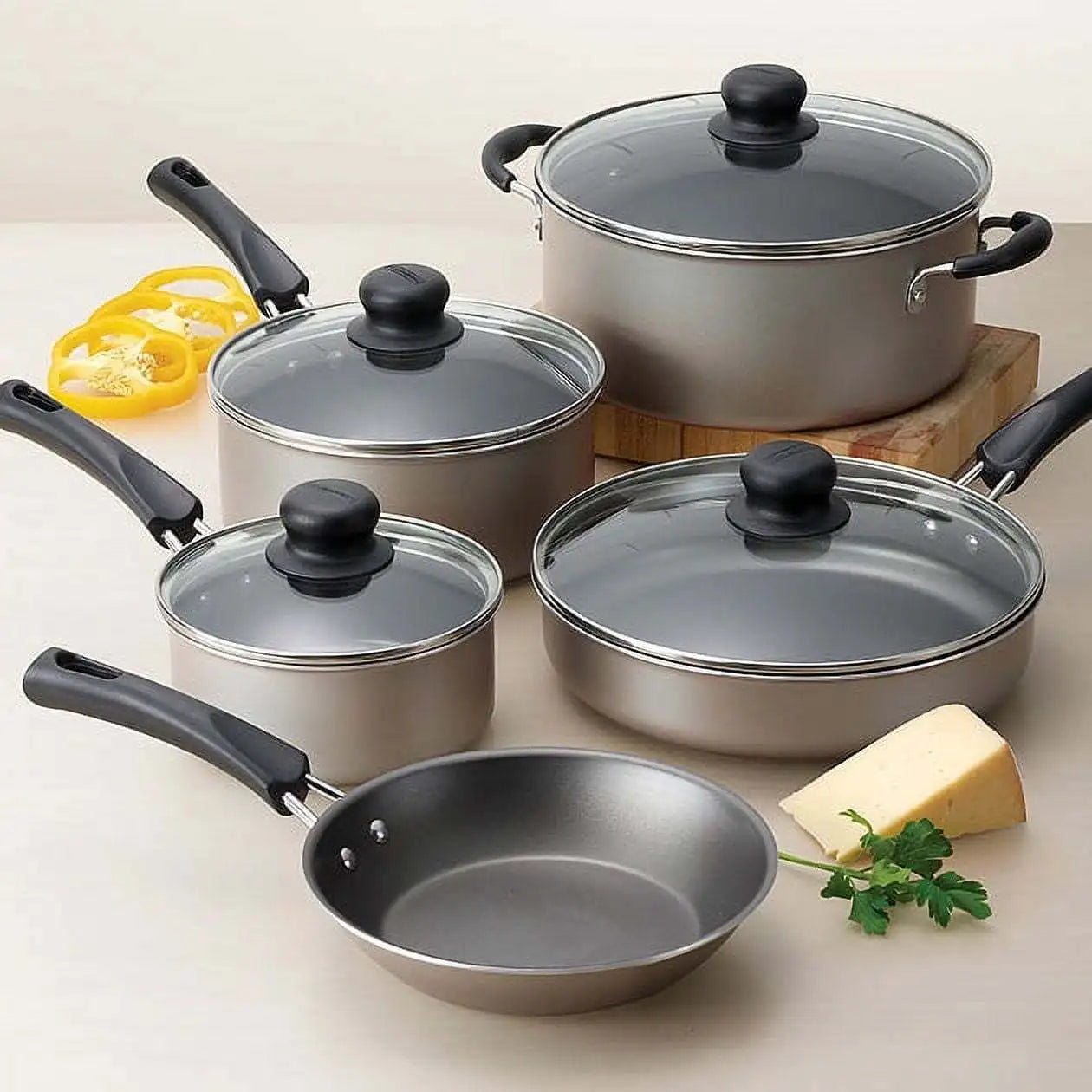 9 Piece All Round Non Stick Cookware Champagne Set Lightweight Durable Kitchen Essential