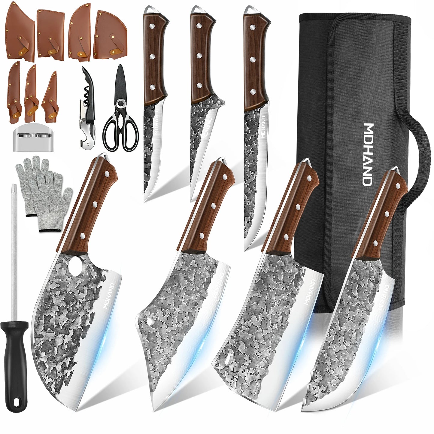 Meat Cleaver Knife Set 14 Pieces High Carbon Steel Professional Chef Kitchen Knives with Boning Knife Roll Bag and Accessories