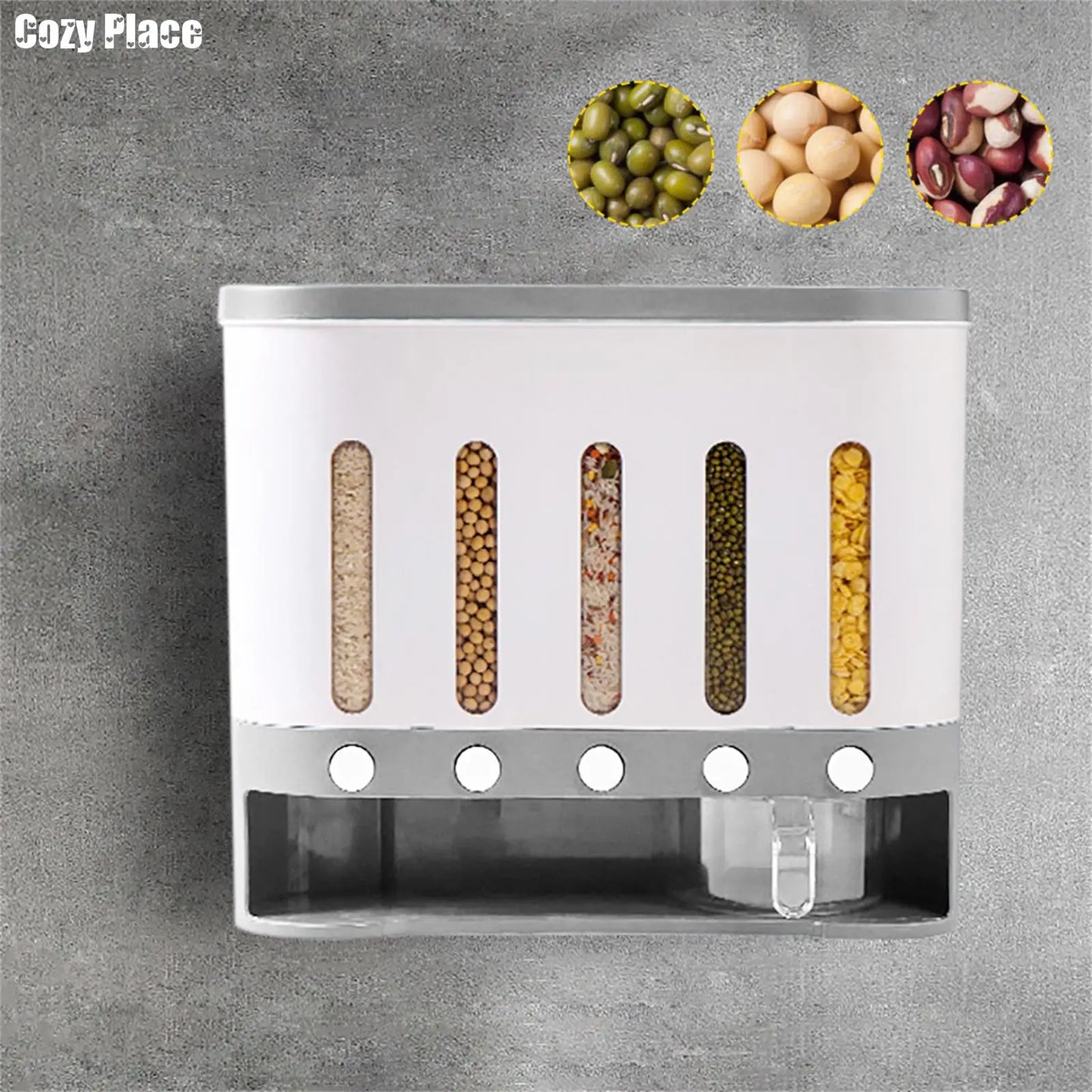 Wall Mounted Cereal Dispenser 5 Grid Dry Food Dispenser 10L Rice Grain Storage Container for Kitchen Home
