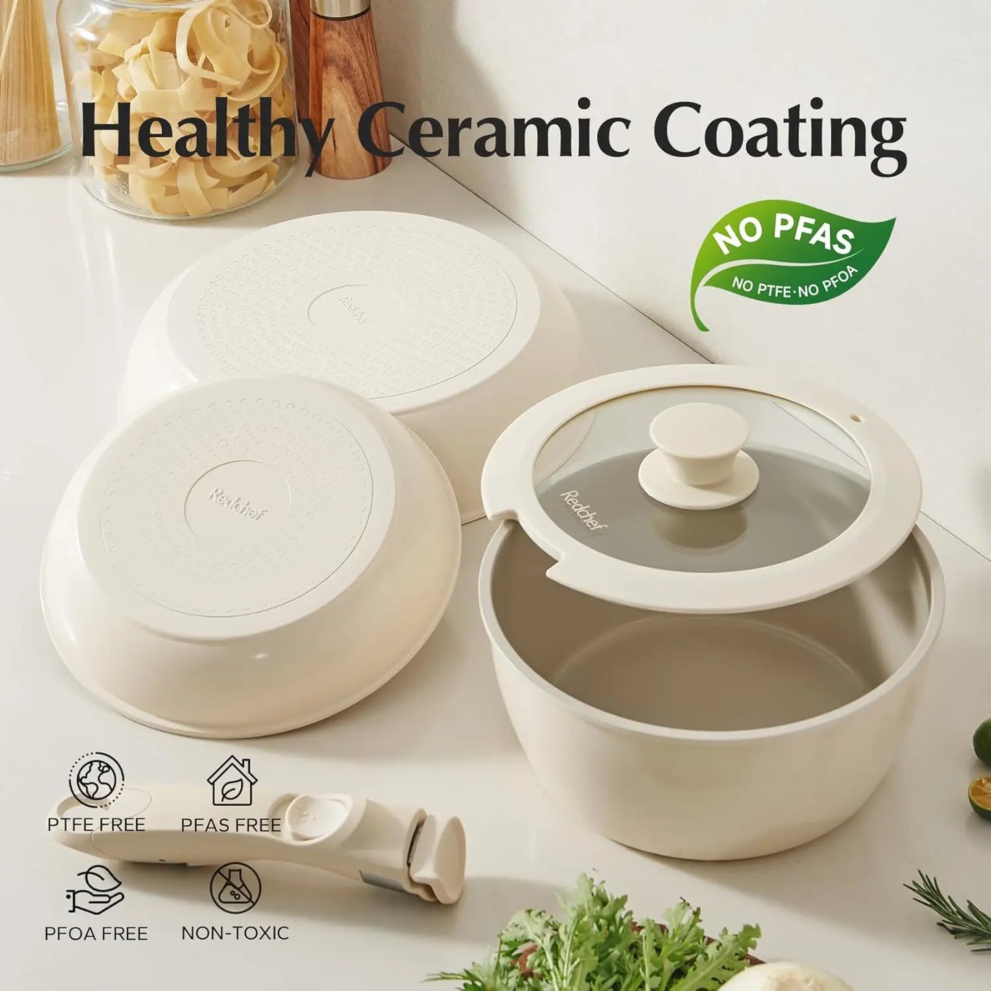 Ceramic Non Stick Pots and Pans Set 5 Piece Detachable Handle Kitchen Cookware RV Safe Aluminum Cookware