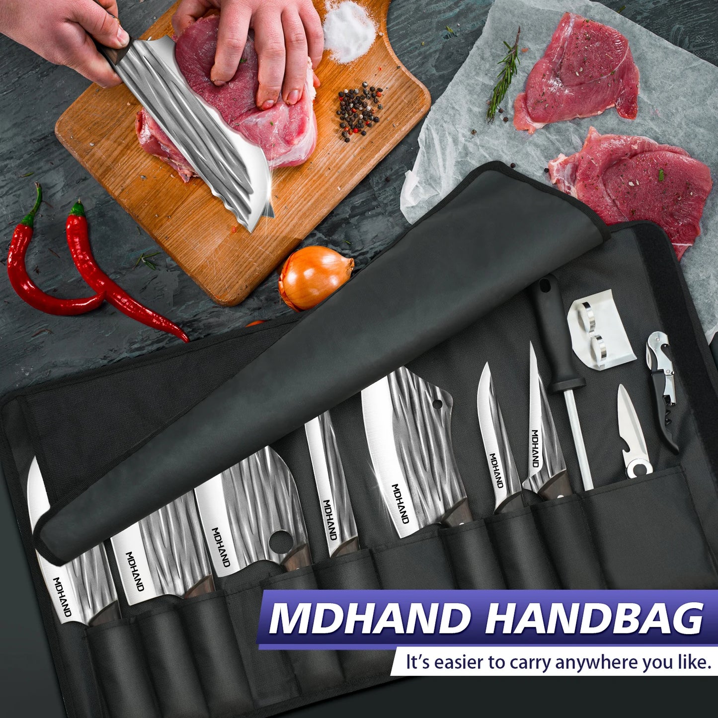 Meat Cleaver Knife Set 14 Pieces High Carbon Steel Professional Chef Kitchen Knives with Boning Knife Roll Bag and Accessories