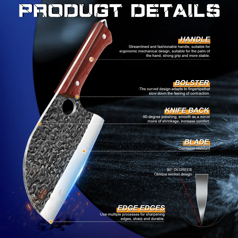 Stainless Steel Kitchen Knife Hand Forged Hammered Chef Knife Meat Cleaver Fish Bone Splitting Slicing Knife with Leather Case
