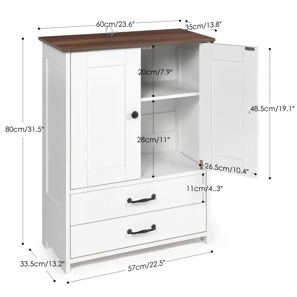 Dog Feeding Station with Double Door Locker and Two Adjustable Bowls Plus Three Hooks in White