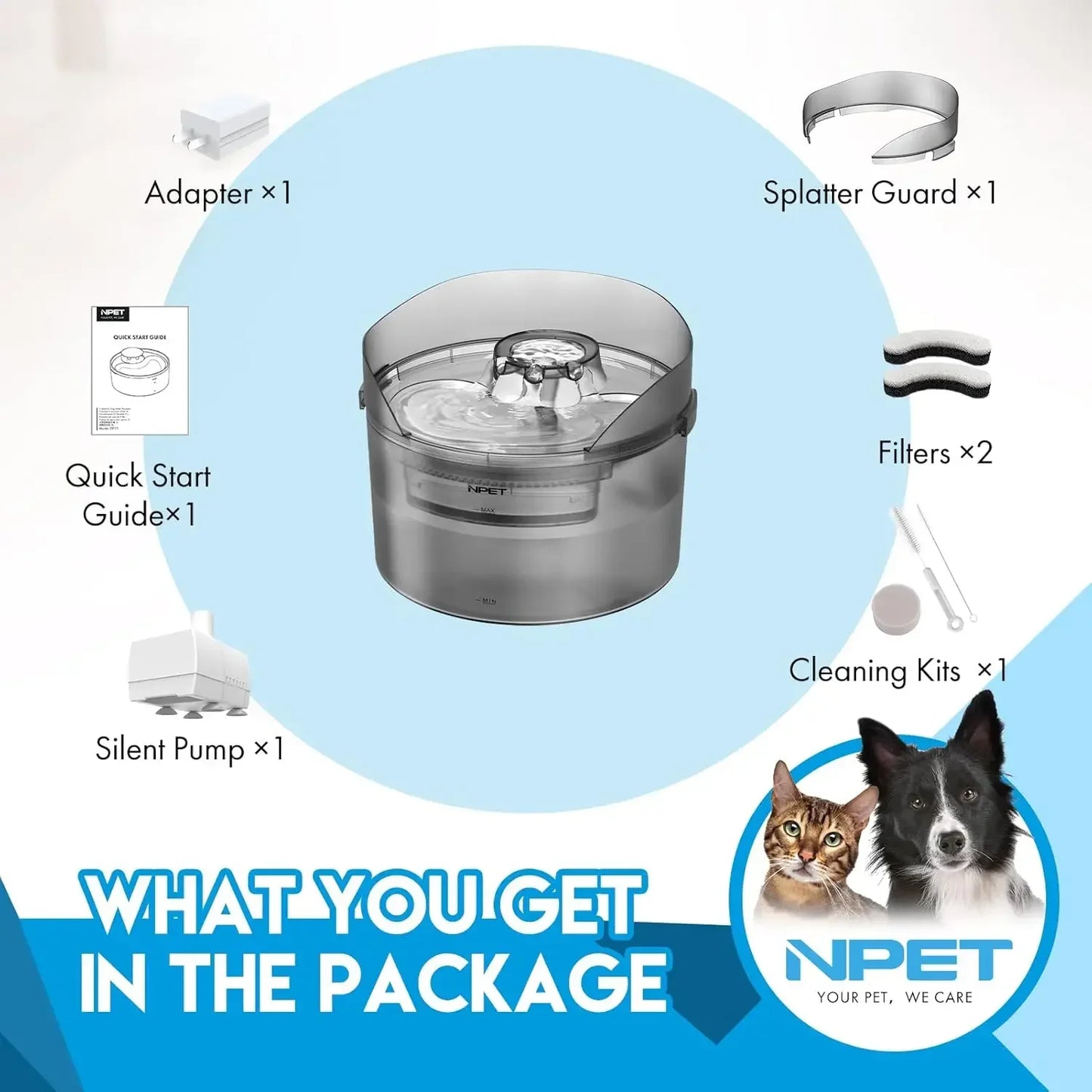 NPET Dog Water Fountain 2 Gallon 270oz 8L Large Automatic Dog Water Dispenser with Splatter Guard for Large Dogs and Multiple Pets