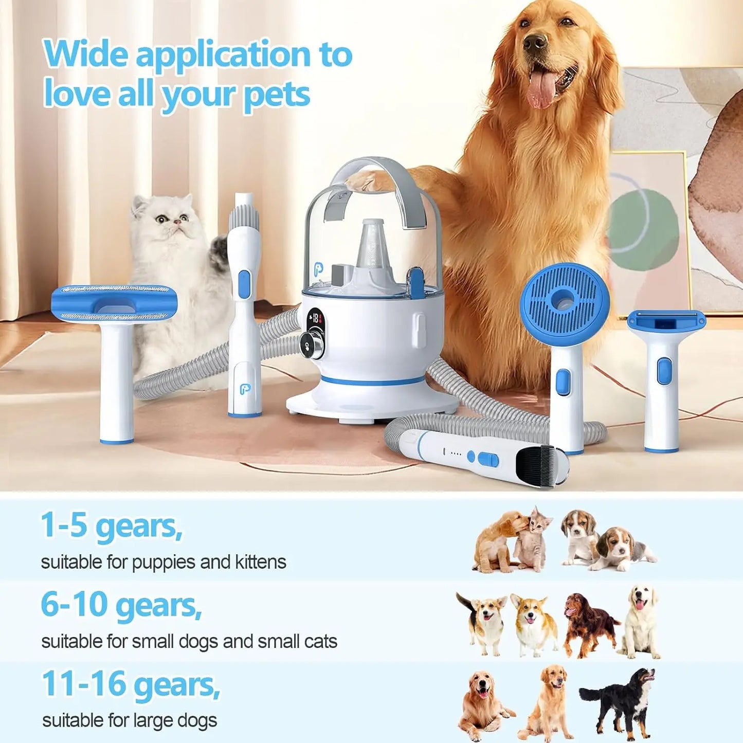Pet Grooming Vacuum Kit 5 in 1 High Power Hair Remover for Shedding Dogs and Cats with 2.0L Dust Cup Low Noise Operation