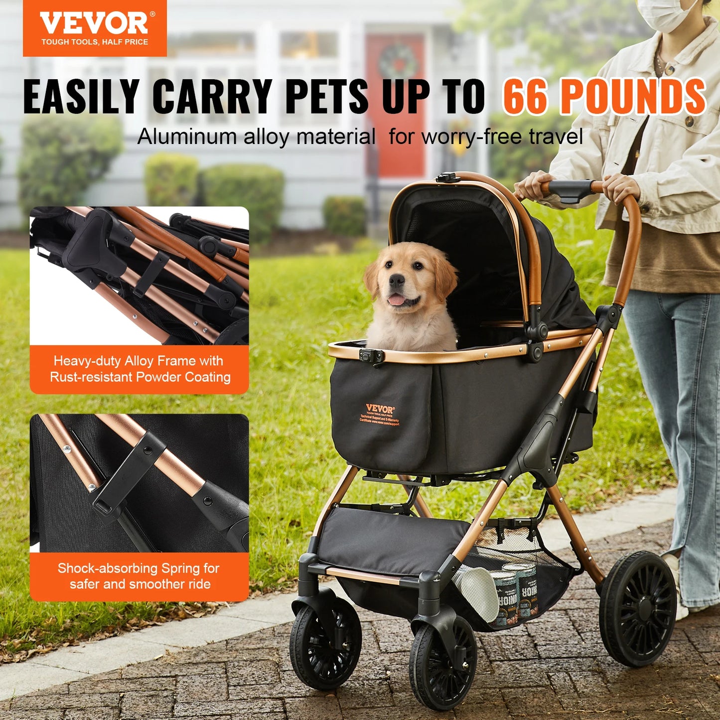 Vevor 66 Pounds Pet Stroller Foldable Dog Puppy Stroller with Brakes Storage Basket Detachable Carrier for Medium Dogs