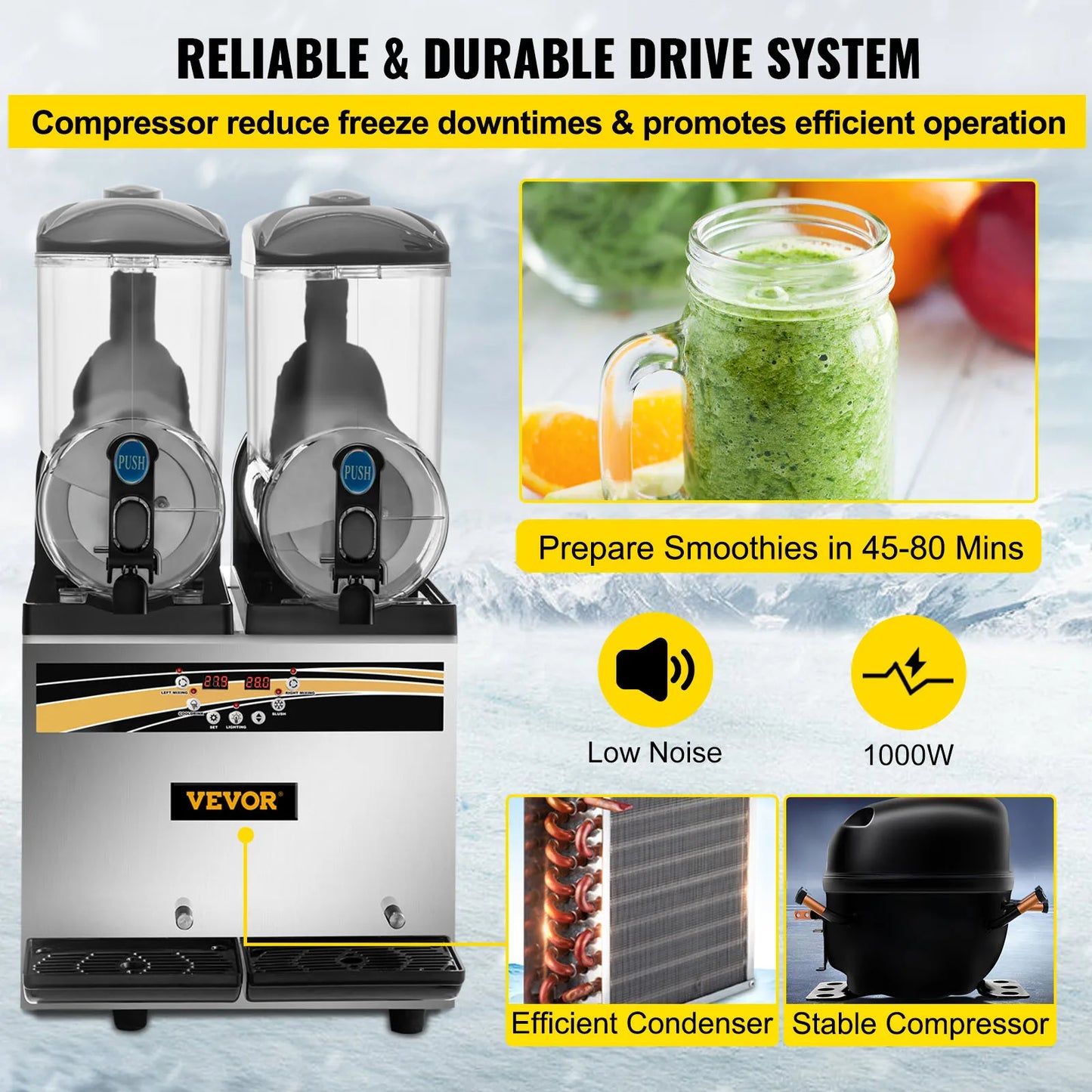 VEVOR 2x15L Commercial Slushy Machine Double Drink Dispenser Cold Juice Beverage Maker Stainless Steel for Home Bar and Restaurant