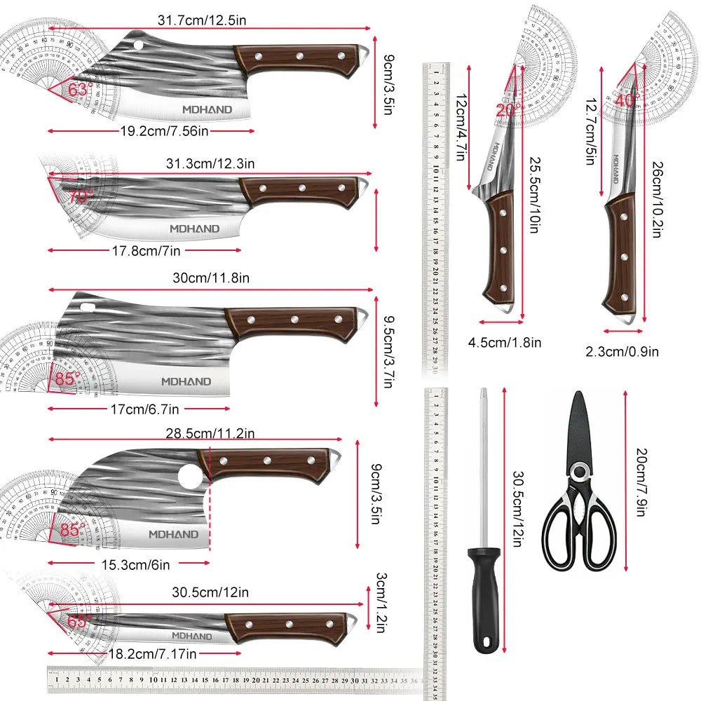 Meat Cleaver Knife Set 14 Pieces High Carbon Steel Professional Chef Kitchen Knives with Boning Knife Roll Bag and Accessories