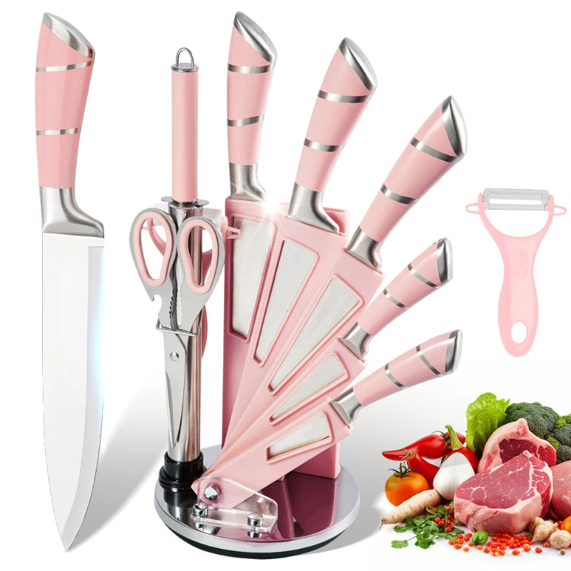 Kitchen Knife Set 9 Pieces Stainless Steel Sharp Non Stick Coated Chef Knives with Sharpener for Cutting Slicing Dicing Chopping
