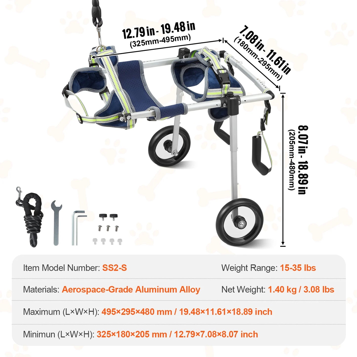 VEVOR 2 Wheels Dog Wheelchair for Back Legs Pet Wheelchair Dog Cart for Injured Disabled Paralysis Hind Limb Weak Pet