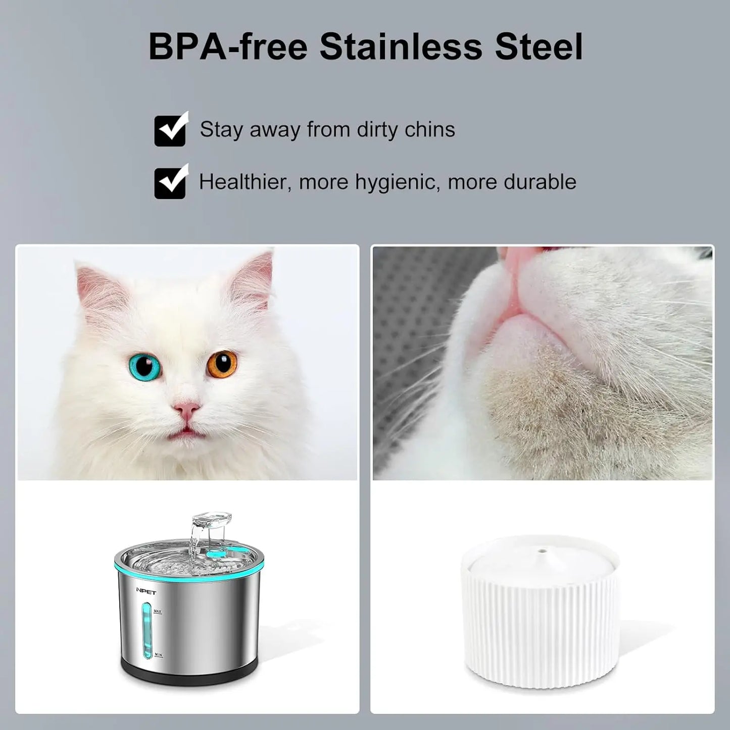 NPET Cat Water Fountain Stainless Steel 50oz 1.5L Dishwasher Safe Pet Water Fountain with Visible Window Light for Cats