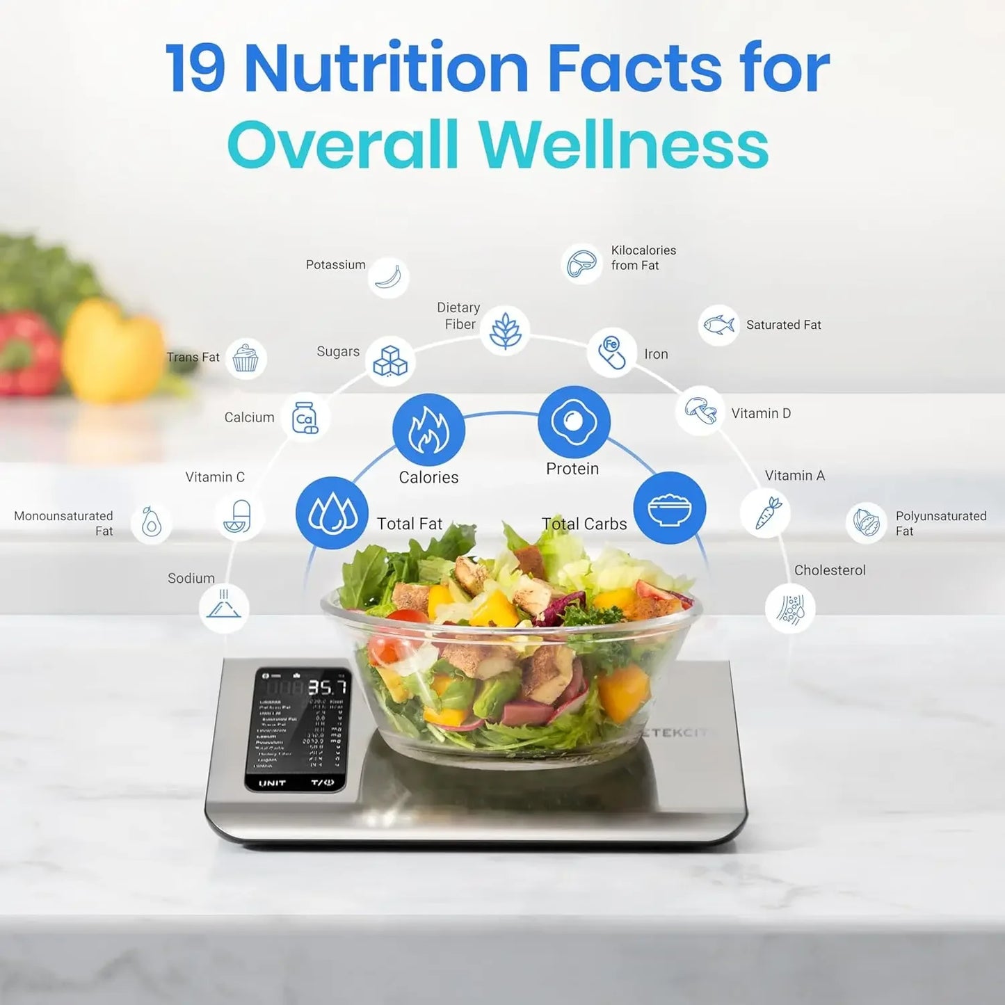 Smart Food Kitchen Scale with Nutritional Calculator and Free App for Tracking 19 Nutrients Calories and Macros Digital Grams and Ounces