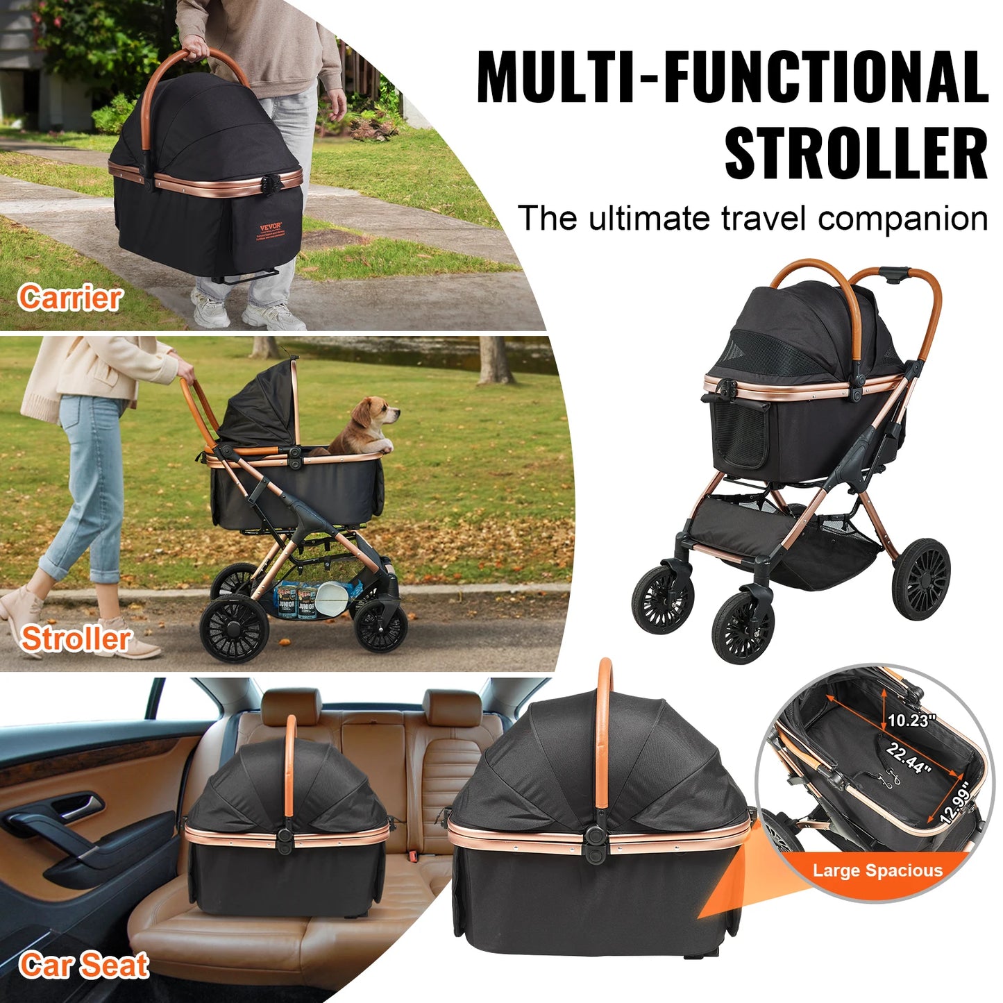 Vevor 66 Pounds Pet Stroller Foldable Dog Puppy Stroller with Brakes Storage Basket Detachable Carrier for Medium Dogs