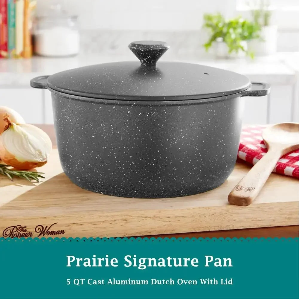 Charcoal Speckle Country Charm Cast Aluminum Dutch Oven 5 Quart Pioneer Woman Classic Cookware Casserole Pot Rustic Kitchen Chic