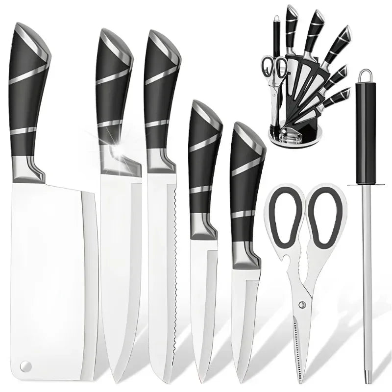 Kitchen Knife Set 9 Pieces Stainless Steel Sharp Non Stick Coated Chef Knives with Sharpener for Cutting Slicing Dicing Chopping