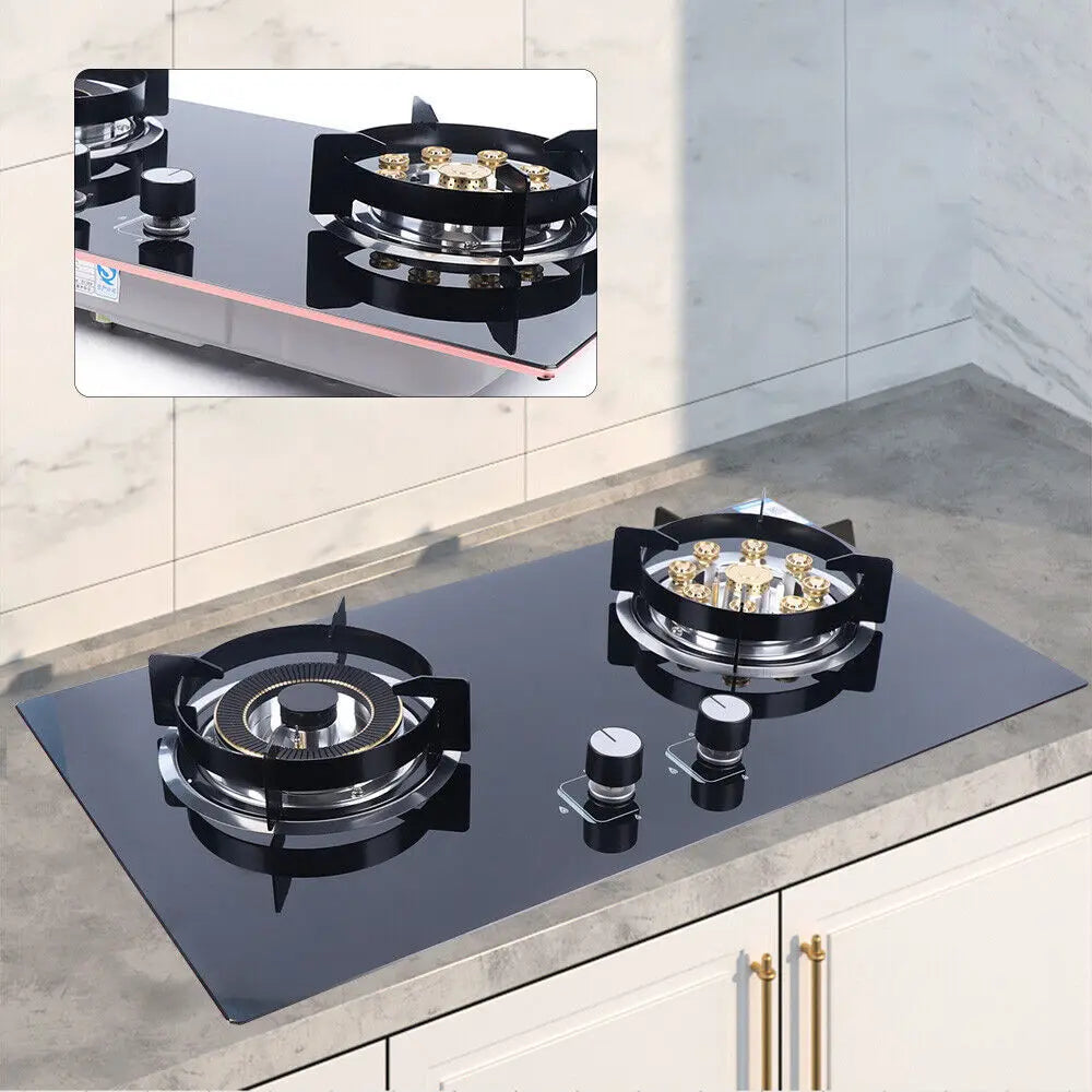 Gas Cooktop Stoves 2 Burner Built in Natural Gas Stove Tempered Glass Cooktop for Kitchen Cooking Black
