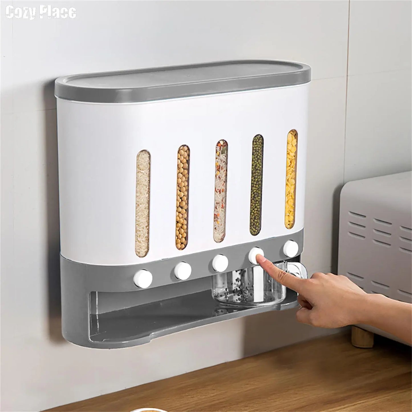 Wall Mounted Cereal Dispenser 5 Grid Dry Food Dispenser 10L Rice Grain Storage Container for Kitchen Home