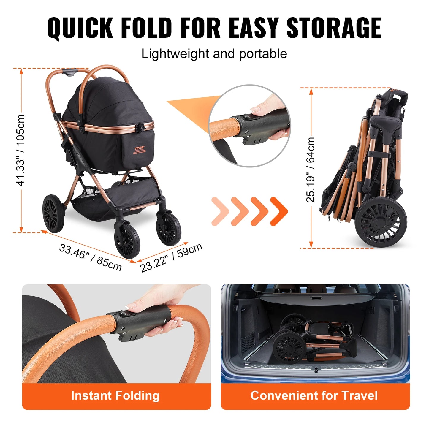 Vevor 66 Pounds Pet Stroller Foldable Dog Puppy Stroller with Brakes Storage Basket Detachable Carrier for Medium Dogs