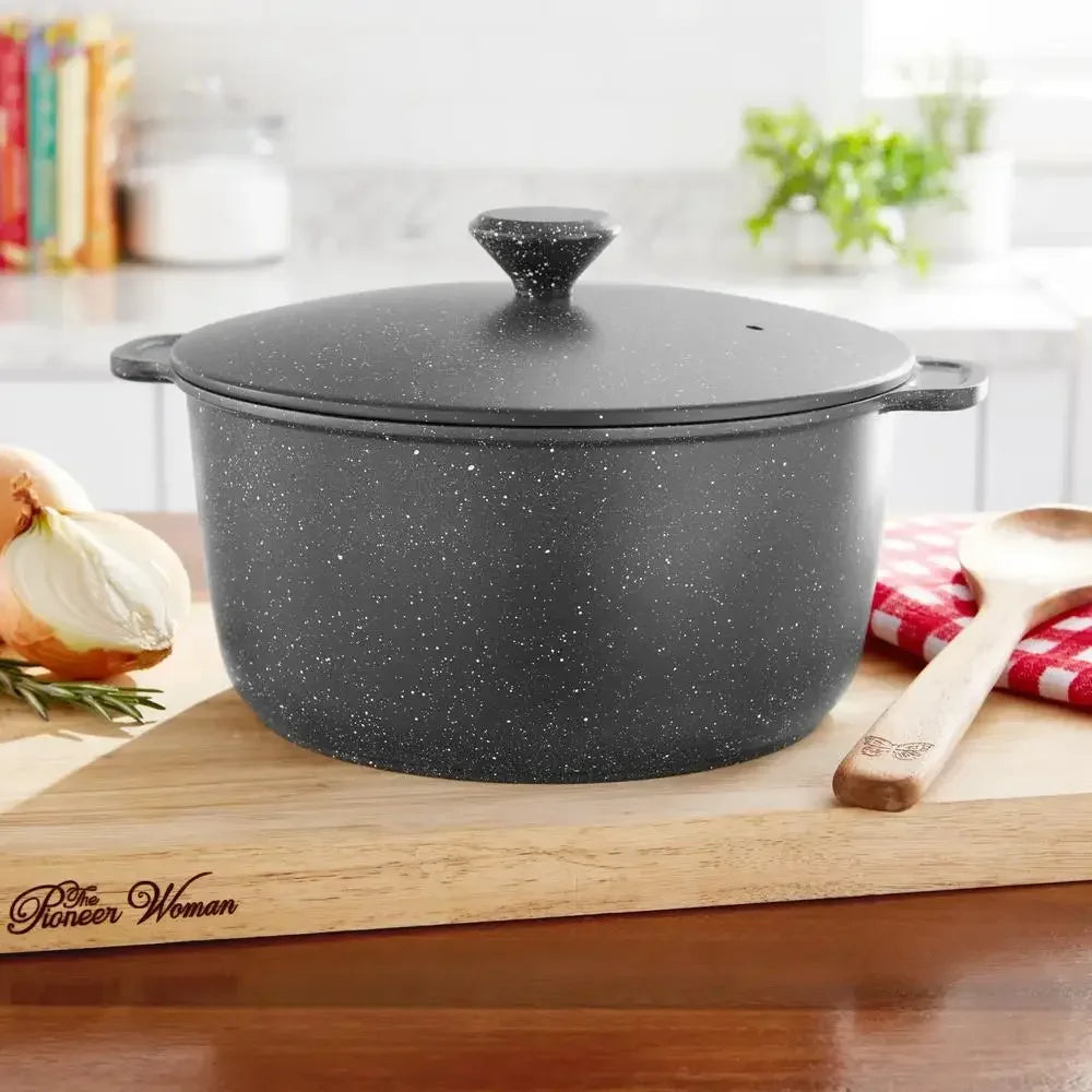 Charcoal Speckle Country Charm Cast Aluminum Dutch Oven 5 Quart Pioneer Woman Classic Cookware Casserole Pot Rustic Kitchen Chic