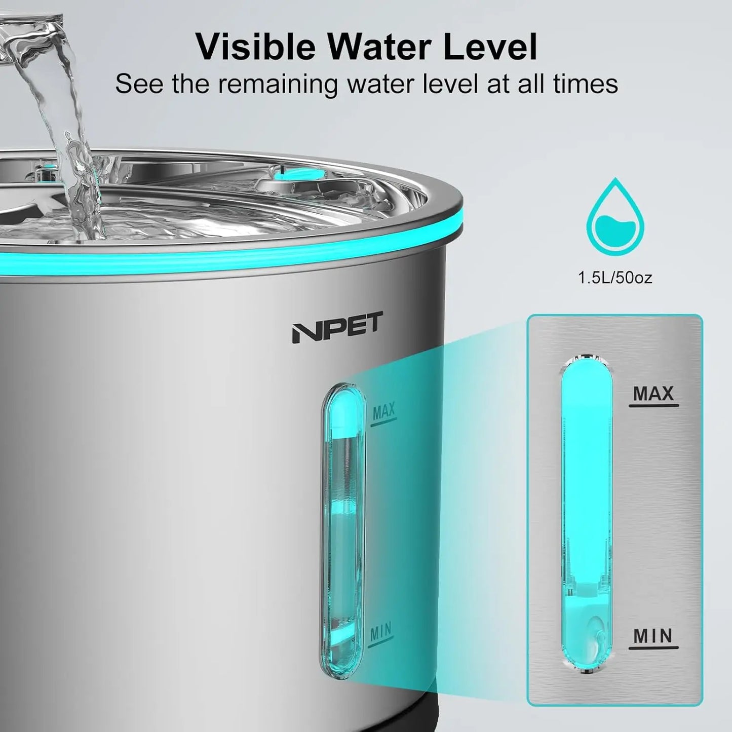 NPET Cat Water Fountain Stainless Steel 50oz 1.5L Dishwasher Safe Pet Water Fountain with Visible Window Light for Cats