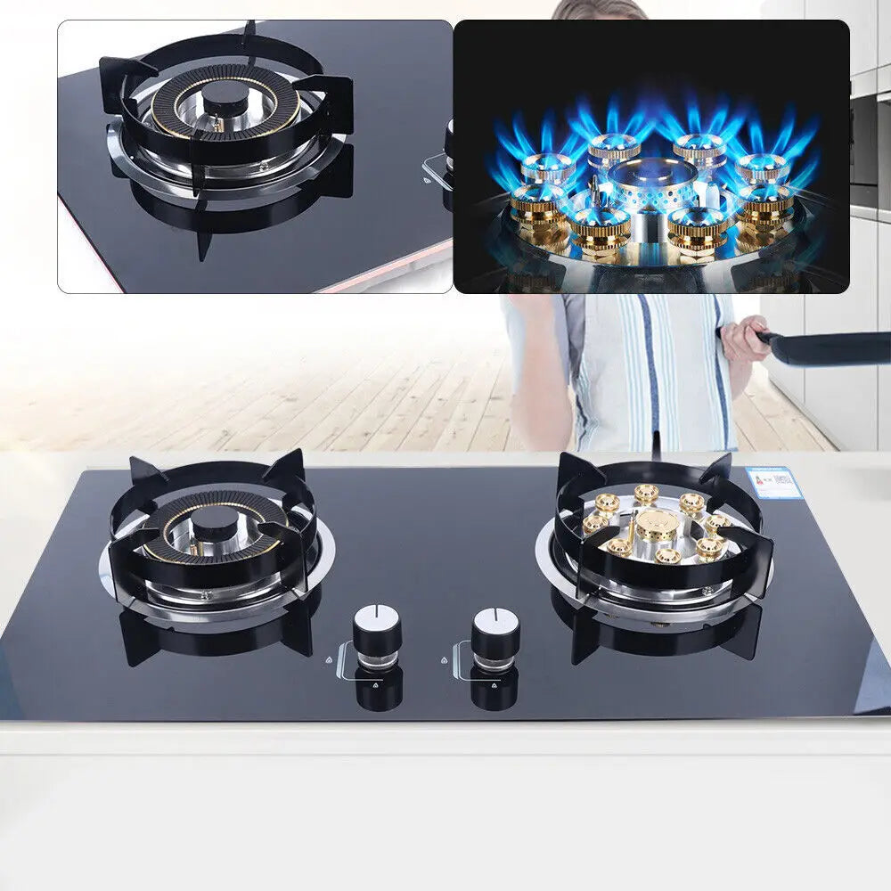 Gas Cooktop Stoves 2 Burner Built in Natural Gas Stove Tempered Glass Cooktop for Kitchen Cooking Black