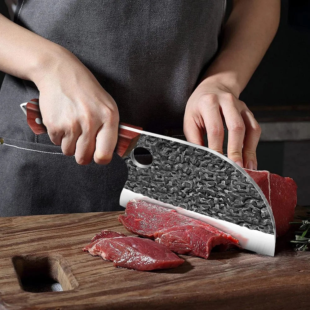 Stainless Steel Kitchen Knife Hand Forged Hammered Chef Knife Meat Cleaver Fish Bone Splitting Slicing Knife with Leather Case