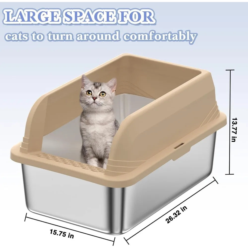Stainless Steel Cat Litter Box with High Sides and Litter Scooper Easy Clean Anti-Leakage Design for Large Cats