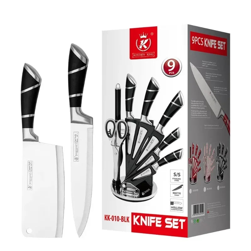 Kitchen Knife Set 9 Pieces Stainless Steel Sharp Non Stick Coated Chef Knives with Sharpener for Cutting Slicing Dicing Chopping