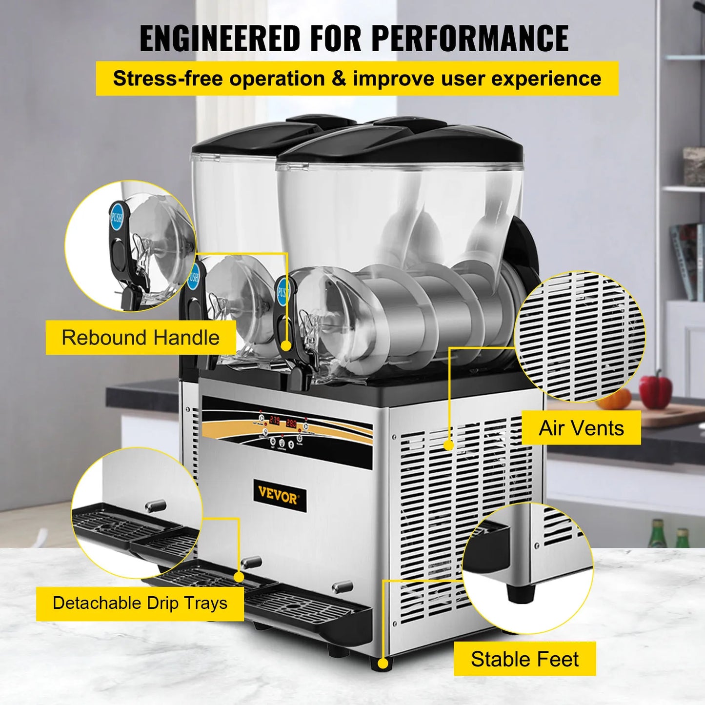 VEVOR 2x15L Commercial Slushy Machine Double Drink Dispenser Cold Juice Beverage Maker Stainless Steel for Home Bar and Restaurant