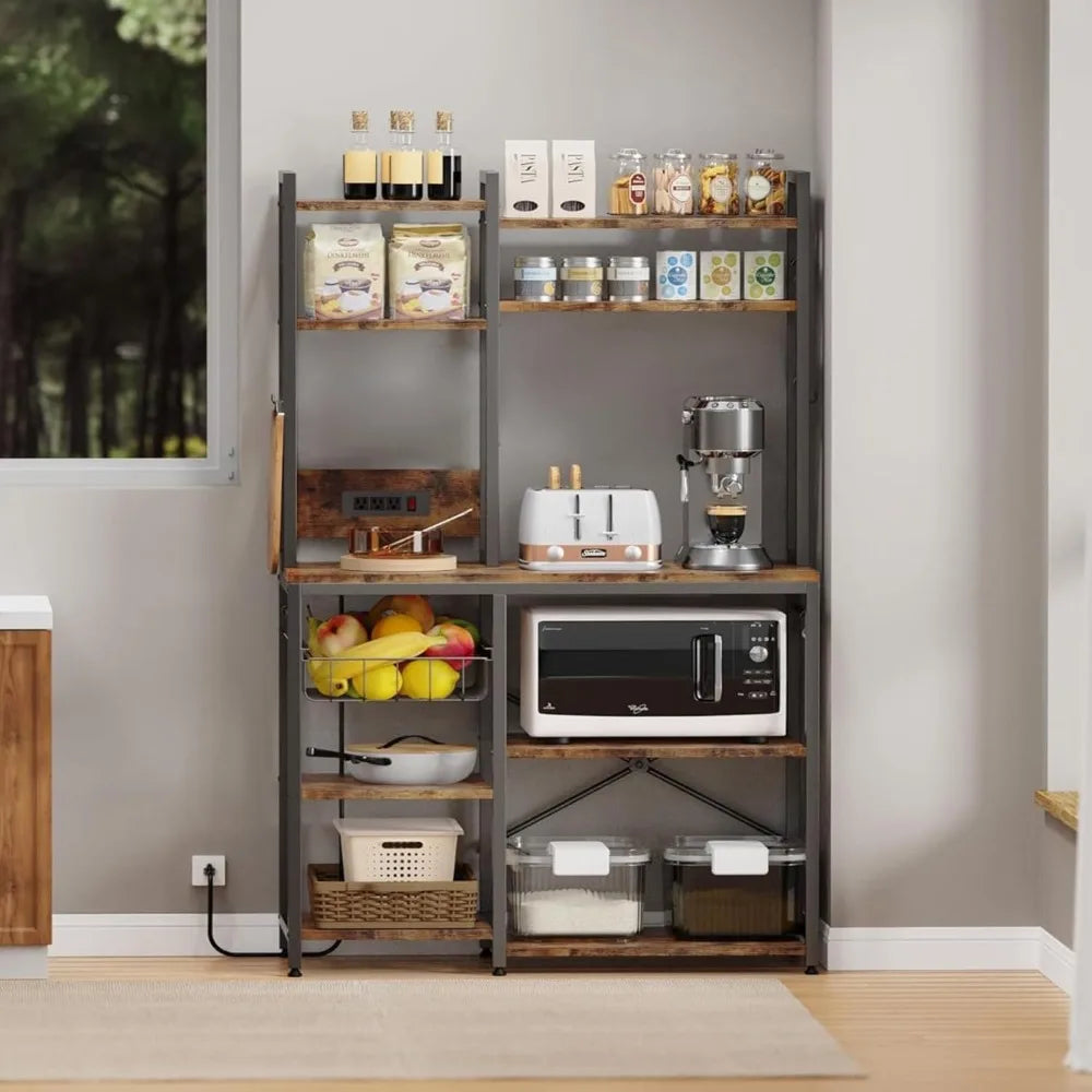 Standing Kitchen Baker Rack With Power Outlet And Hooks
