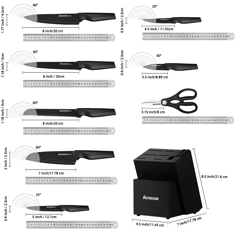 Astercook Kitchen Knife Set with Built-in Sharpener Block Dishwasher Safe 15 Pieces German Stainless Steel Knife Block Set