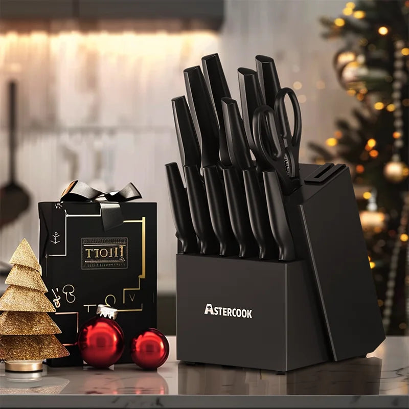 Astercook Kitchen Knife Set with Built-in Sharpener Block Dishwasher Safe 15 Pieces German Stainless Steel Knife Block Set