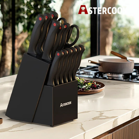 15 Piece Astercook Knife Set with Sharpener Block German Stainless Steel Dishwasher Safe Kitchen Knife with Built-in Sharpener