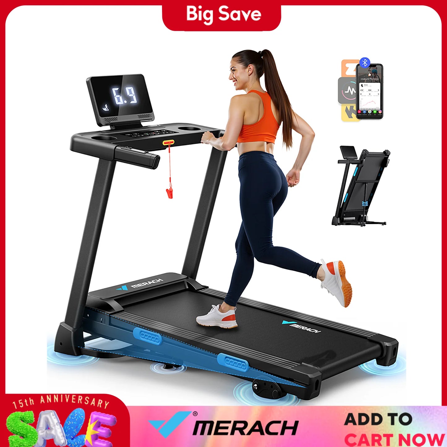 MERACH Foldable Treadmill T12 Incline Double Deck Heart Rate