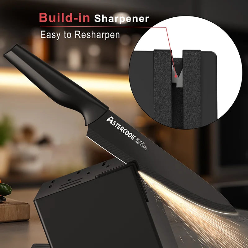 Astercook Kitchen Knife Set with Built-in Sharpener Block Dishwasher Safe 15 Pieces German Stainless Steel Knife Block Set