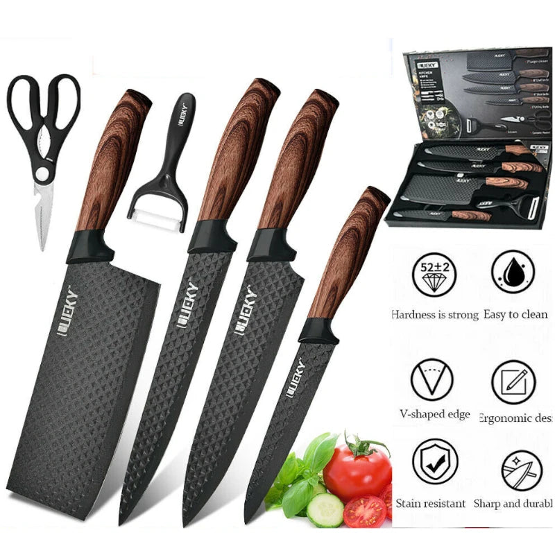 Stainless Steel Forged Chef Kitchen Knife Set with Scissors Vegetable Peeler Slicer and Paring Knife Diamond Pattern