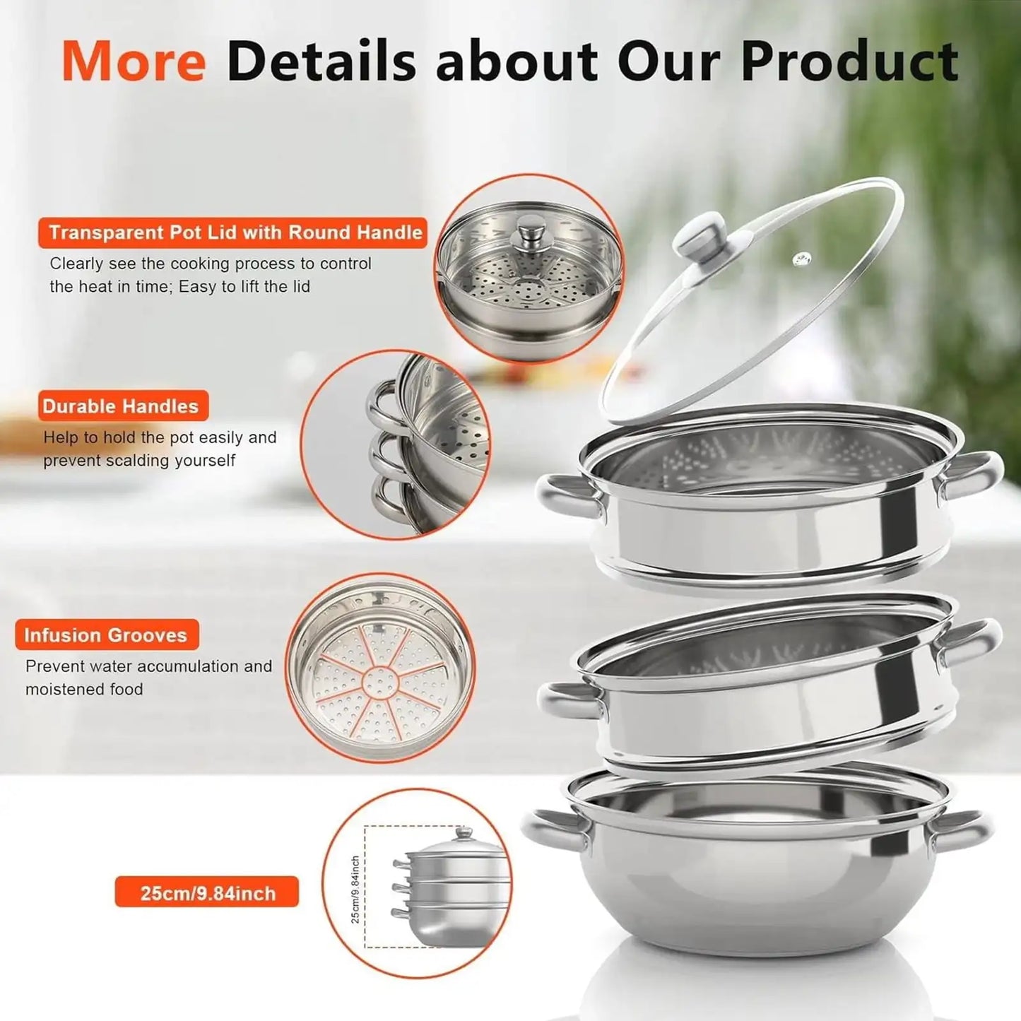 Hign-concerned Stainless Steel 3 Tier Steamer Pot With Lid