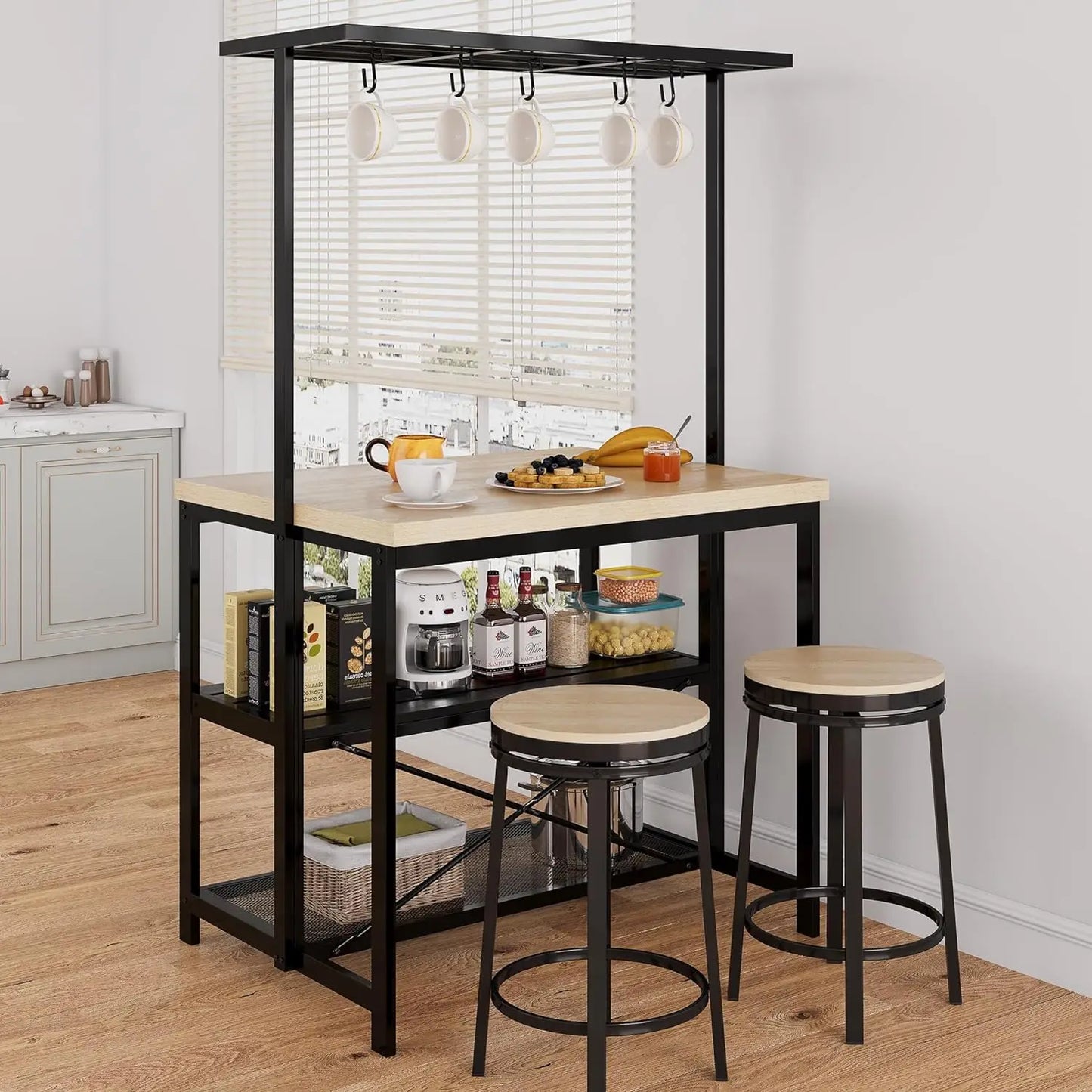 Kitchen Island with Storage Bakers Rack with Power Outlet 3 Tier Microwave Stand Oven Shelf Bar Table