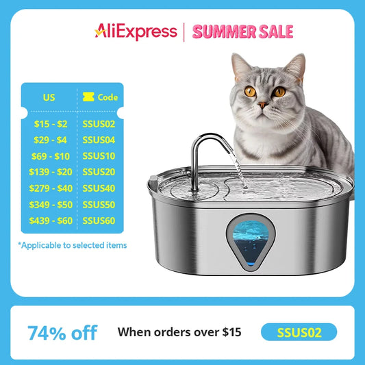3.5L Large Capacity Automatic Stainless Steel Cat Water Fountain with LED Lighting