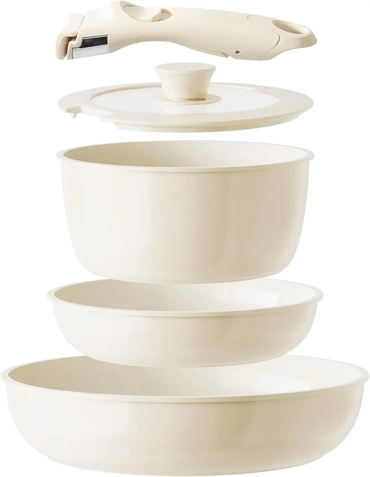 Ceramic Non Stick Pots and Pans Set 5 Piece Detachable Handle Kitchen Cookware RV Safe Aluminum Cookware