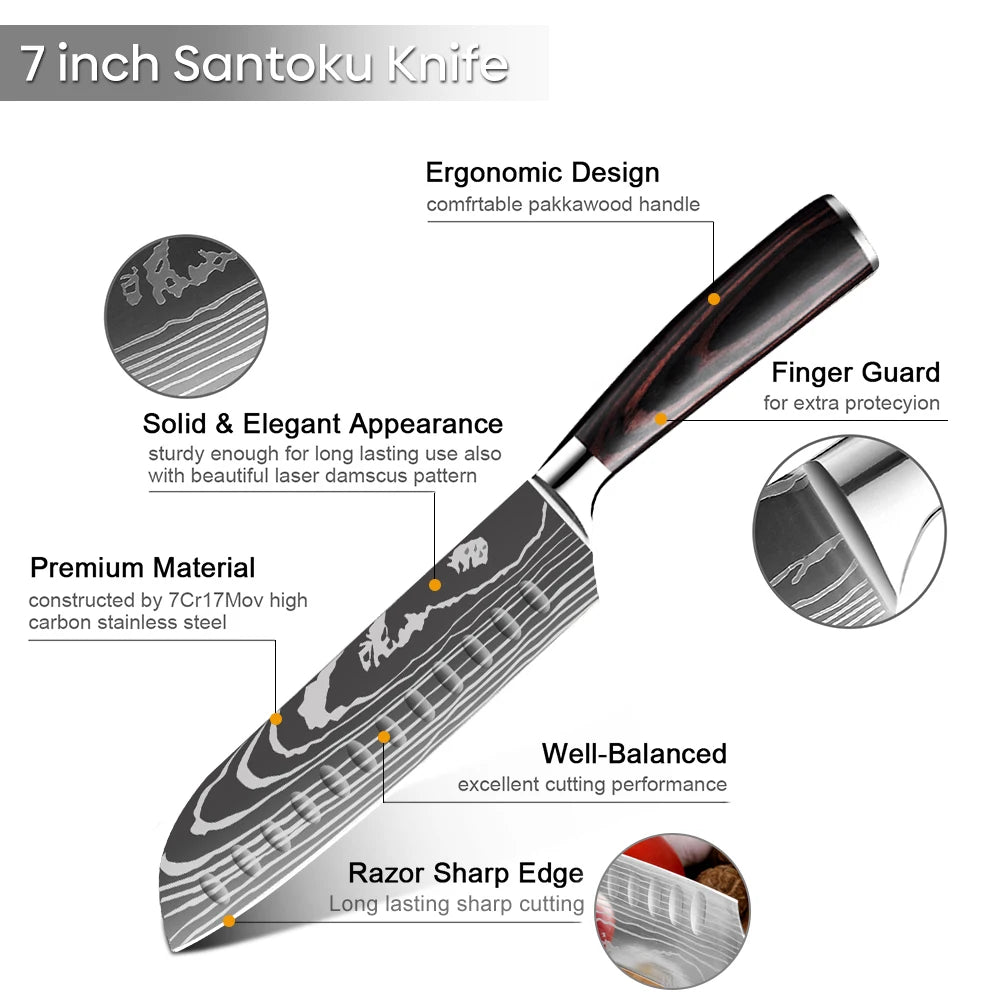 7 Inch Santoku Knife Laser Damascus Stainless Steel Kitchen Knife Professional Chef Knife Full Tang Vegetable Cutting Knife