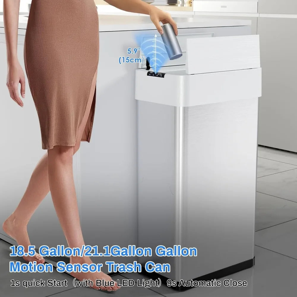 Automatic Trash Can 18.5 Gallon Touchless Motion Sensor Garbage Bin with Soft Close Lid and Bag Retainer Ring