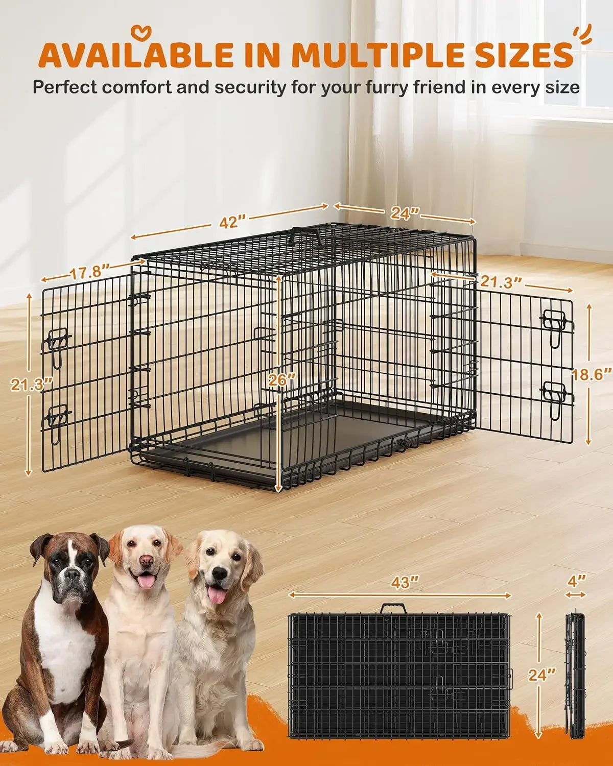 42 Inch Dog Crate Double Door Dog Crate with Divider for Puppy to Adult XL Collapsible Metal Dog Crate with Removable Tray Wire Dog Kennel Pet Crate for Large Dogs Portable Travel Cage Black