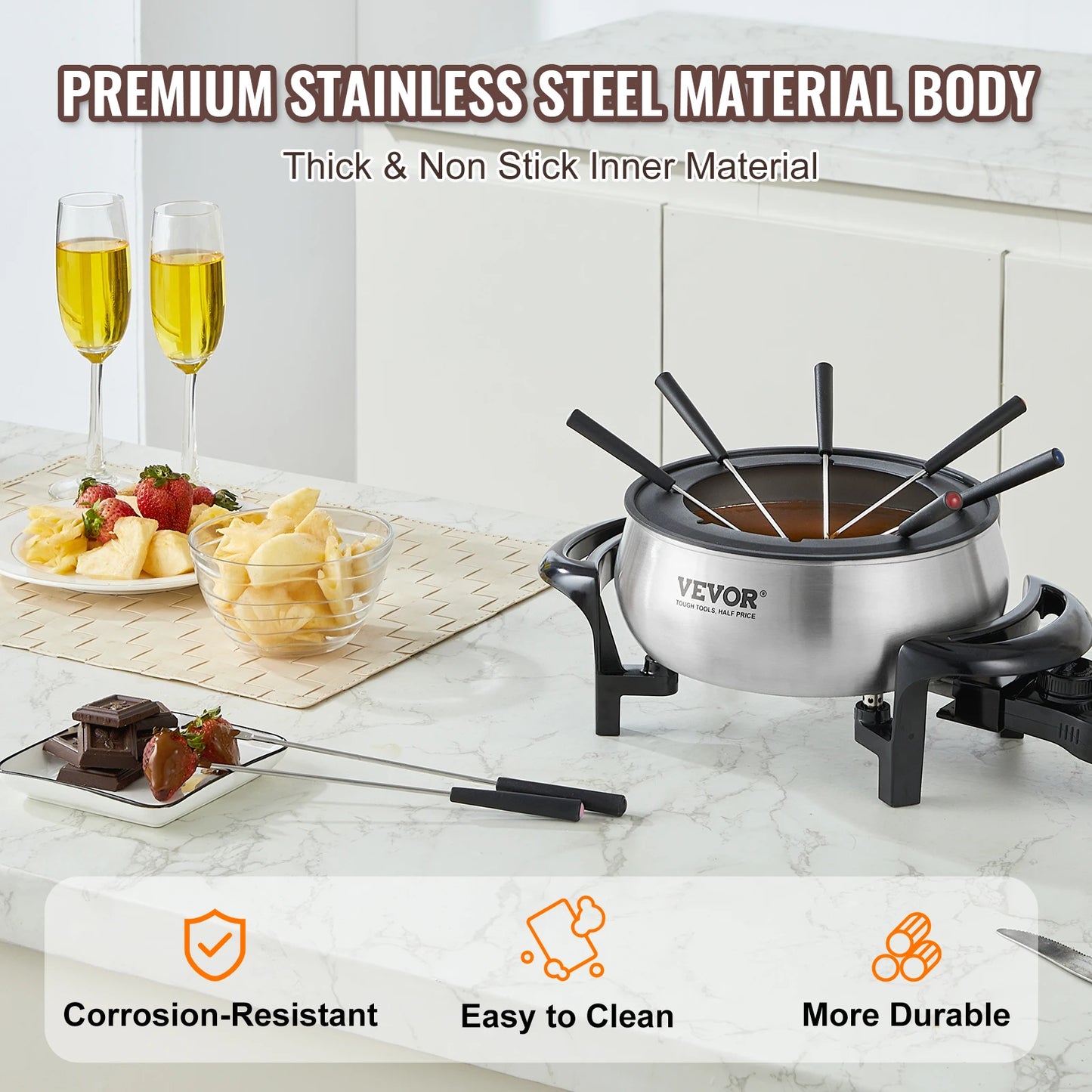 VEVOR Electric Fondue Pot Set for Cheese and Chocolate 3 Quart Stainless Steel Melting Pot with Temperature Control